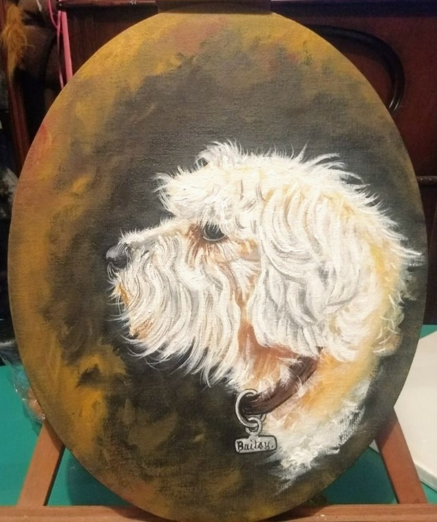 BAILEY Danna Paulina González Aguilar Acrílico s/lienzo Él es mi perro Bailey, realice mi pintura pensando en él. pues representa el cariño que le tengo, al igual lo mucho que significa para mí. simplemente decidí mostrar en mi pintura ese cariño y si en un futuro llega a faltar, tener un recuerdo para siempre de él.