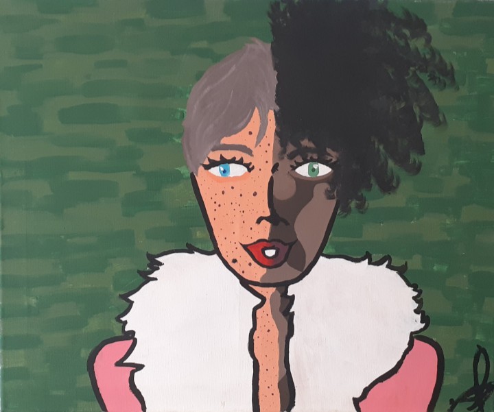 "EN MI PECULIARIDAD, ESTÁ MI GRANDEZA" María Montserrat Perea Treviño Acrpilico s/ Lienzo.     En esta pintura quise plasmar dos aspectos que a pesar de ser diferentes ambos son perfectos a su modo, pues hoy en día no se debe considerar una figura esbelta y caucásica como la belleza en el mundo, si no que siendo tú mismo y sacando a lucir tus mejores cualidades y rasgos que te hacen único e irrepetible. Sólo cabe pensar en esta pregunta: ¿no sería aburrido el mundo con el mismo rostro y facciones en toda su gente? Aprender a amarse a uno mismo es el paso para que otros lo hagan también.