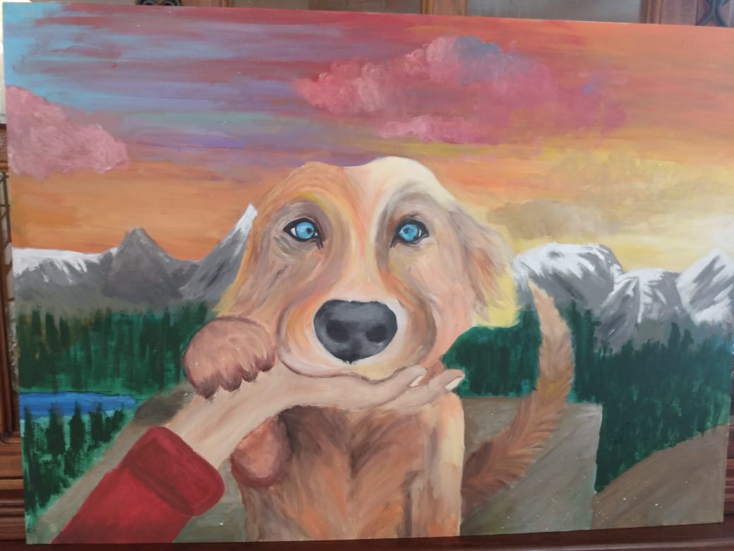 ATARDECER MÁGICO Bernardo Ayala Fernando de Jauregui Acrílico s/ LienzoTodos hemos tenido una mascota, estás nos dan y nos llenan de alegría nuestros días, sin importar a dónde las guiemos ellas nos seguirán ciegamente es por eso, que en la pintura el perro está apoyado en la palma del hombre en la cima de una montaña contemplando el atardecer, simbolizando la unión entre animal y humano.