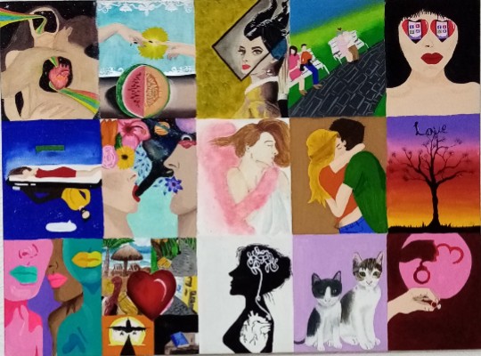 PERSPECTIVA DEL AMOR. Devany Reyna Santillan. Acrílico s/ Lienzo. El amor desde los ojos de un artista, no es más que la manera de enfrentar el mundo y en mayor medida la realidad de ese sentimiento que provoca a aquel artista manifestarlo y plasmarlo en su trabajo, tomando lo más puro que en ese instante su corazón y mente le generan. No obstante, ese mismo amor puede plasmarse en escritos de despecho, en palabras de arrepentimiento y hasta odio. Ambos casos han sido explotados por aquellos que viven del arte.