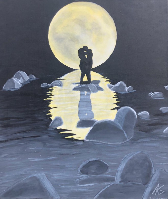 ¨´Ángel Gutierrez Gutierrez. Acrílico s/ Lienzo. “Vámonos a la luna, donde nadie pueda encontrarnos, donde nuestra única compañía sea la luz del astro más impresionante que la noche pueda regalarnos. El reflejo en el agua de nuestras figuras uniéndose en el beso cósmico, el beso del sí definitivo, el por siempre y para siempre.” Quizás por eso nuestra sociedad experimenta hoy un vacío que ha hecho crecer como nunca las estadísticas de enfermedades y perturbación, reflejo de la ansiedad y depresión que produce este vacío de Amor. Gran parte de la población mundial está enferma, desamparada, desolada, abandonada, enojada, viviendo en adicción y tristeza por falta de amor. Necesitamos descubrir “Los nuevos lugares para encontrar el amor” ya que vinimos a la Tierra a aprender a amar y generalmente estamos distraídos de nuestro mayor propósito y justificamos nuestra falta de compromiso con un sin fin de quejas y pretextos que bloquean nuestra evolución.