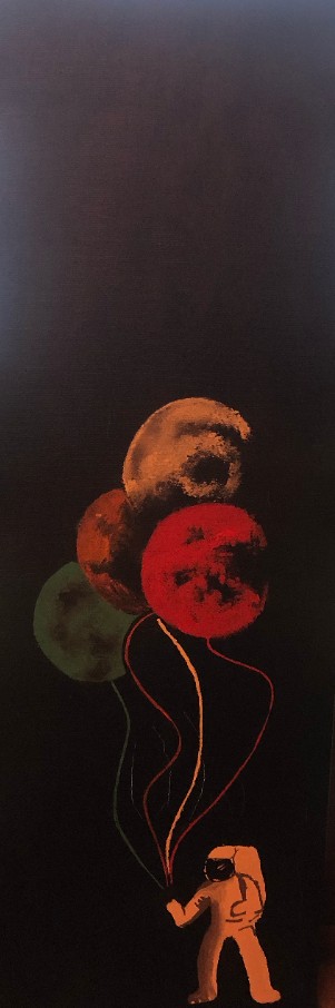 SIN TITULO. HUMBERTO RUÍZ DORANTES. Acrílico s/ Lienzo.  La obra está inspirada en pensar reencontrarnos con nosotros mismos buscando en algún lugar del universo nuestra propia identidad 