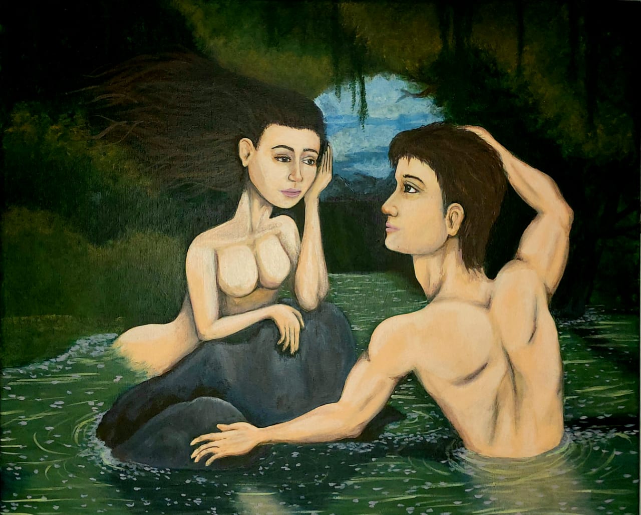 HERMAFRODITO Y SALMACIS. Leonardo Fabián Loyola Arredondo Oleo s/ LienzoSalmacis tenía su morada en una ciénaga de la ciudad de Halicarnasos, por su parte, Hermafrodito era fruto de la unión entre Hermes y Afrodita, que fue guapísimo desde que nació. Tan atractivo era el muchacho que un día mientras viajaba pasó por Halicarnasos y por la ciénaga donde habitaba Salmacis. La ninfa, al verlo, se quedó totalmente extasiada por la belleza de aquel joven en intentó conquistarlo y llevarlo a su terreno. Pero no hubo forma. Hermafroditos le rechazaba una y otra vez, lo que desesperaba a Salmacis. En una de estas en que Hermafroditos creía estar solo y a salvo de la ninfa, se quitó sus ropas y se metió en el agua de la fuente para darse un baño. Salmacis aprovechó la ocasión y se abalanzó sobre el joven atrapándolo en un fuerte abrazo. Justo entonces la ninfa pidió a los dioses que nunca la separasen de Hermafroditos. Y así fue. Ambos cuerpos quedaron fundidos y nació el primer ser hermafrodita, dueño de atributos tanto masculinos como femeninos.
